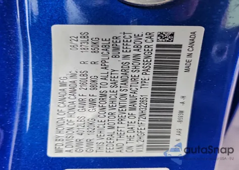 2022 Honda Civic Ex z USA, uszkodzony, nr VIN 2HGFE1F72NH322651